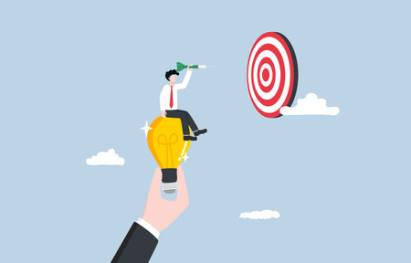 Supporting idea to reach target, consulting for creativity of employee at work concept, Manager hand holding light bulb to support businessman throwing dart into dartboard.のイラスト素材