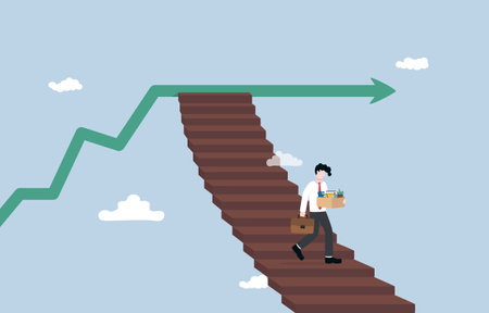 Changing career path due to no further career advancement, resignation from lack of growth opportunity concept, Businessman stepping down stair from graph that stop growing.のイラスト素材