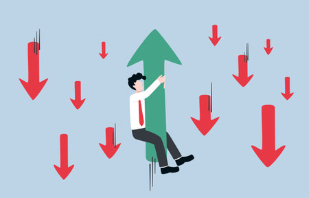 Seeking opportunity to grow even in economic crisis, business flair to survive, investment vision concept, Businessman clinging to up arrow among down arrows around.のイラスト素材