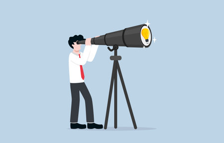 Finding idea to grow business, searching for creative solution, discovering innovation for success concept, Businessman looking for idea light bulb through telescope.のイラスト素材