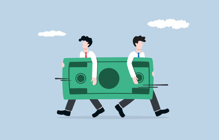 Conflict of co-investors or stakeholders, opposite opinions in investment team concept, Businessman and teammate holding same banknote and walking in opposite directions.のイラスト素材