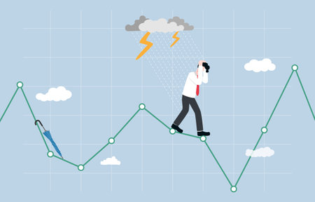 Wrong speculation in stock market, financial loss from incorrect forecasting, investment volatility concept, Businessman getting wet in rain while standing on stock graph.のイラスト素材