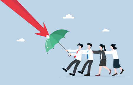 Teamwork to help business survive crisis, collaboration to overcome difficulty, team support concept, Business people spreading umbrella to prevent down arrow attack.のイラスト素材