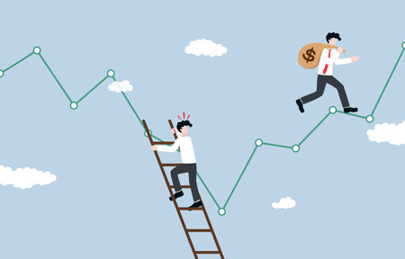 Lose opportunity to profit from stock market concept, Businessman climbing down ladder against downtrend graph while another investor carrying money bag on uptrend graph.のイラスト素材