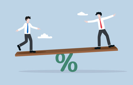 Business benefit agreement, negotiating percentage concept, Businessman and partner balancing on seesaw with percentage sign as fulcrum.のイラスト素材