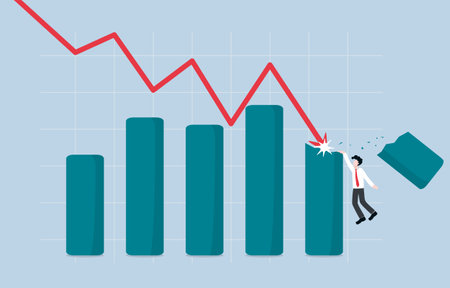 Recession affect earning of company, financial crisis and business interruption concept, Businessman hanging on edge of broken bar graph to survive after falling graph attack.のイラスト素材