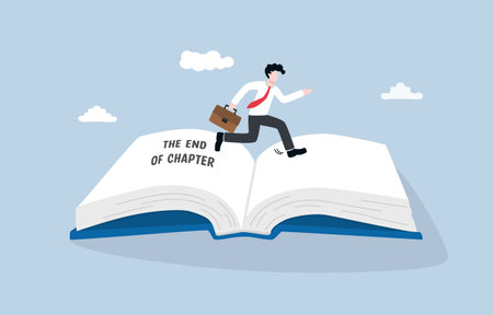 Next chapter of business, stepping up to new challenge, change concept, Businessman jumping to next page as new chapter.のイラスト素材