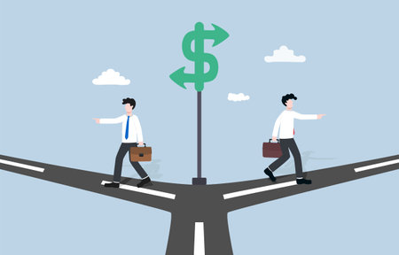 Different directions or opinions in investment, business conflict between venture capitalists concept, Two businessmen walking in different paths to make money.のイラスト素材