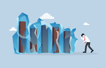 Economic slowdown or stagnation, declining consumer spending, paralysis of economic activity concept, Frustrated businessman with bar graph stuck in ice.のイラスト素材