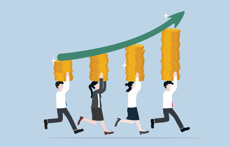 Progressive sales and marketing, teamwork to drive profit growth, collaboration to enhance productivity concept, Employees carrying rising coin stacks.のイラスト素材