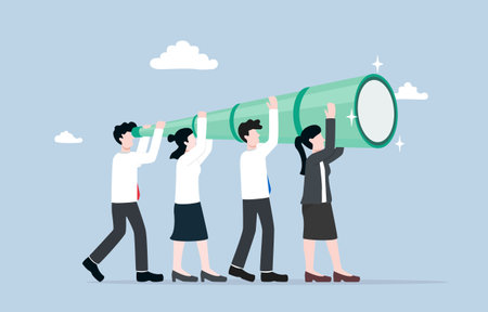 Team vision, searching for opportunity, company direction concept, Business teammates helping each other to look forward through telescope.のイラスト素材