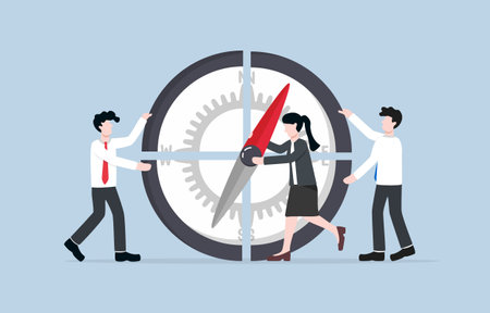 Setting team direction, collaboration for defining clear and specific path for project, establishing a shared vision concept, Business people assembling compass parts.のイラスト素材