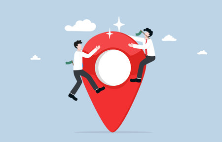 Competing to occupy business space, effort to gain maximum market share in specific area, ambition and leadership concept, Businessmen competing to stand on top of map pin icon.のイラスト素材
