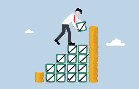 Salary increase due to completing multiple projects consistently, work accomplishment concept, Businessman building stair to reach higher coin stack using completed check boxes.のイラスト素材
