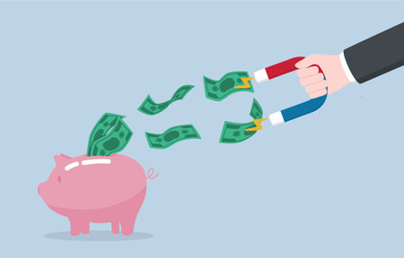 Monetary policy to control inflation, stimulating deposits to reduce money supply, financial measures concept, Hand holding magnet to pull banknotes out of piggy bank.のイラスト素材