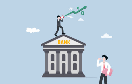 Controlling inflation through raising interest rate, monetary policy to stabilize economy concept, Bank staff announcing interest rate increase to attract people to deposit money.のイラスト素材