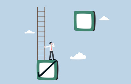 Aspiration to achieve higher-level task, progress to complete next mission, facing new challenge at work concept, Businessman holding ladder looking at higher empty checkbox.のイラスト素材