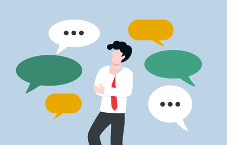 Evaluating advice, considering credibility of opinion, critical thinking concept, Businessman thinking carefully with speech bubbles around.のイラスト素材