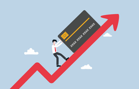 Credit card debt soaring, people struggle to repay, financial instability, economic turmoil concept, Businessman pushing heavy credit card up on red rising graph.のイラスト素材