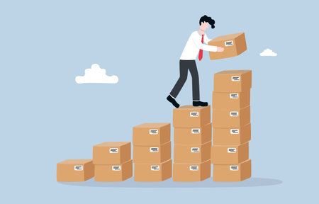 Increase online sales, growing ecommerce business, receiving more product orders from customers concept, Businessman building higher pile of parcel boxes.のイラスト素材