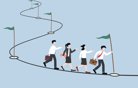 Team progress on assigned task or project, team achievements and milestones concept, Business colleagues follow a path to place flags at each point of success.のイラスト素材