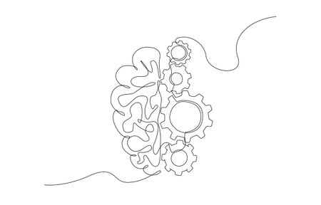 Continuous one line drawing of half brain and cogwheel gears, mechanism of thought, systematic thinking concept, single line design vector illustration.のイラスト素材