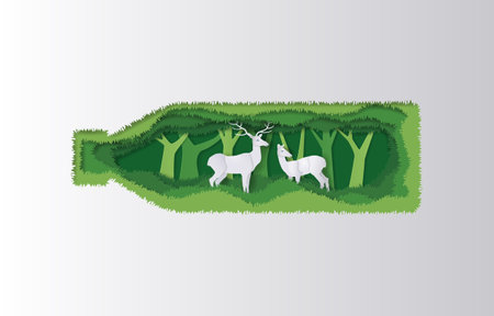 Paper art style of a bottle of water with trees and deers inside, eco friendly and recycling concept.のイラスト素材