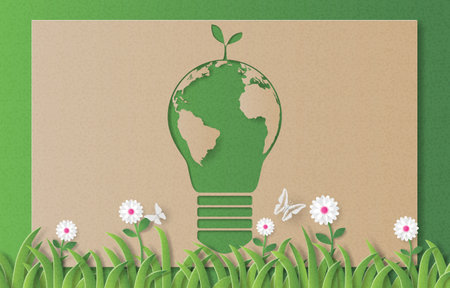 Paper art style of light bulb with world map inside and plant over light bulb, eco friendly, save the planet and environment conservation concept.のイラスト素材