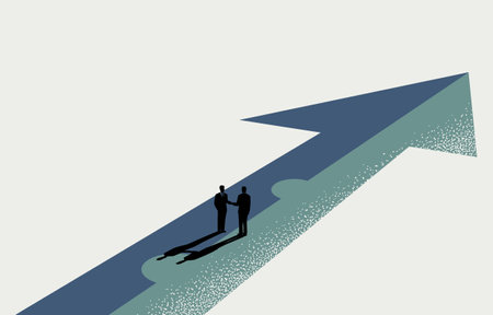 Business partnership, merger and acquisition concept, businessmen handshaking on assembled arrow jigsaw, vector illustration.のイラスト素材