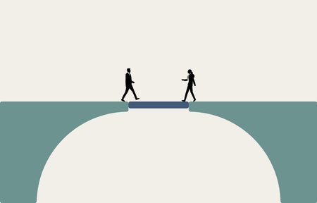 Business connection or partnership concept, businessman and businesswoman walking toward each other on connecting road, vector illustration.のイラスト素材