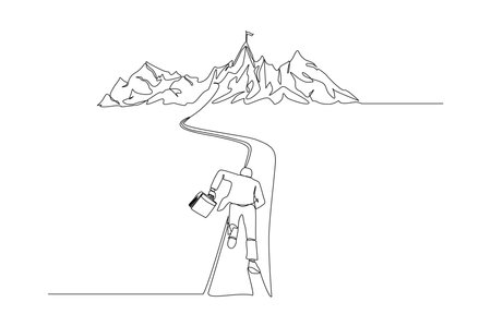 Continuous one line drawing of businessman running on route to reach flag on mountain top, commitment to achieving business goal or mission concept, single line art.のイラスト素材