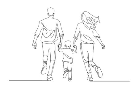 Continuous one line drawing of parents and child holding hands and running together, happy family concept, single line art.のイラスト素材