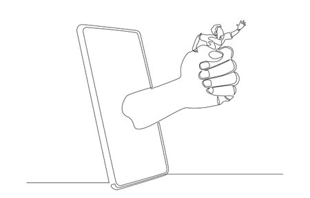 Continuous one line drawing of big hand coming out of smartphone to hold man, phone or social media addiction concept, single line art.のイラスト素材