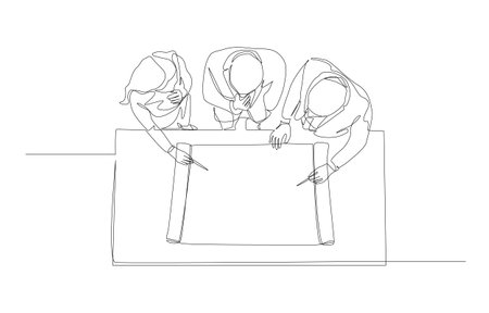 Continuous one line drawing of business people discussing about blueprint paper on table from top view, business discussion, project planning concept, single line art.のイラスト素材