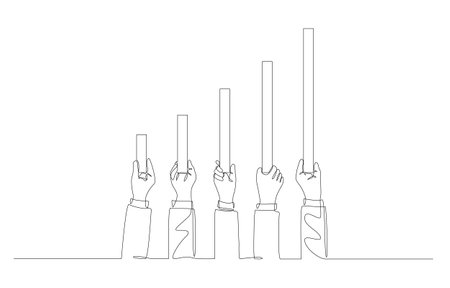 Continuous one line drawing of business people raising growth bar graph, business progress concept, single line art.のイラスト素材