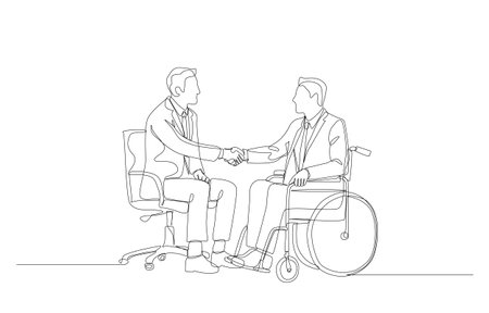 Continuous one line drawing of businessman employer handshaking with new disabled employee on wheelchair, employment of disabled person concept, single line art.のイラスト素材
