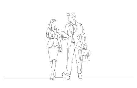 Continuous one line drawing of businessman and businesswoman talking about work while walking, business discussion concept, single line art.のイラスト素材