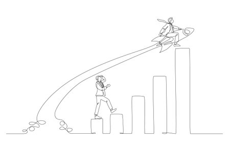 Continuous one line drawing of businessman riding rocket overtake competitor on chart, business competition concept, single line art.のイラスト素材