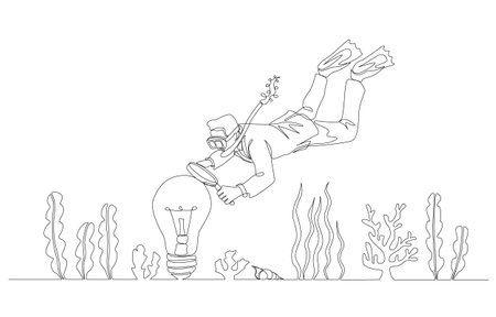 Continuous one line drawing of businessman diving into sea floor to find light bulb, deep dive analysis, discover real problem and find right solution concept, single line art.のイラスト素材
