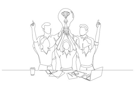 Continuous one line drawing of business people holding big light bulb with trophy as filament, winning mentality in business team concept, single line art.のイラスト素材