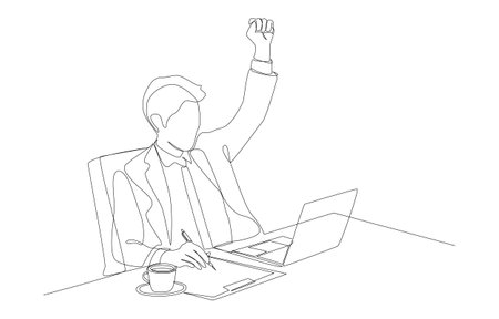 Continuous one line drawing of businessman raising one hand into fist while working in front of laptop, work success concept, single line art.のイラスト素材