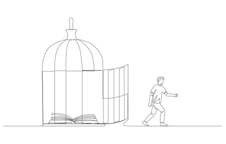 Continuous one line drawing of man walking out of cage with opened book inside, learning beyond book concept, single line art.のイラスト素材