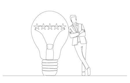 Continuous one line drawing of businessman leaning against light bulb with 5 stars inside, high quality creativity in work or business concept, single line art.のイラスト素材