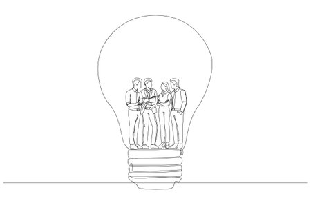 Continuous one line drawing of young businesspeople discussing work inside big light bulb, working under same organizational attitude concept, single line art.のイラスト素材