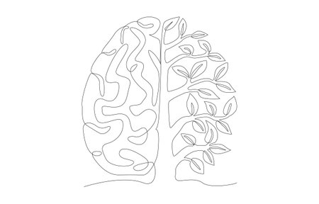 Continuous one line drawing of half human brain and half bountiful tree, environmentally friendly vision, ecology idea concept, single line art.のイラスト素材