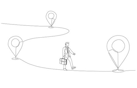 Continuous one line drawing of businessman holding briefcase walking to new map pin icon, working with new company, moving to work in new workplace concept, single line art.のイラスト素材