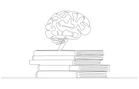 Continuous one line drawing of brain on pile of books, reading books to accumulate knowledge, education concept, single line art.のイラスト素材