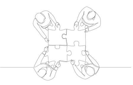 Continuous one line drawing of business people connecting jigsaw puzzle, working together, teamwork to solve problem concept, single line art.のイラスト素材