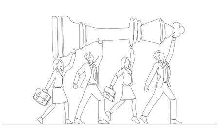 Continuous one line drawing of business people carrying chess piece forward, business team strategy to success concept, single line art.のイラスト素材