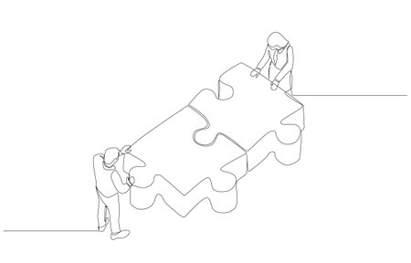Continuous one line drawing of businessman and businesswoman connecting jigsaw puzzle, business cooperation, partnership to carry out project together concept, single line art.のイラスト素材